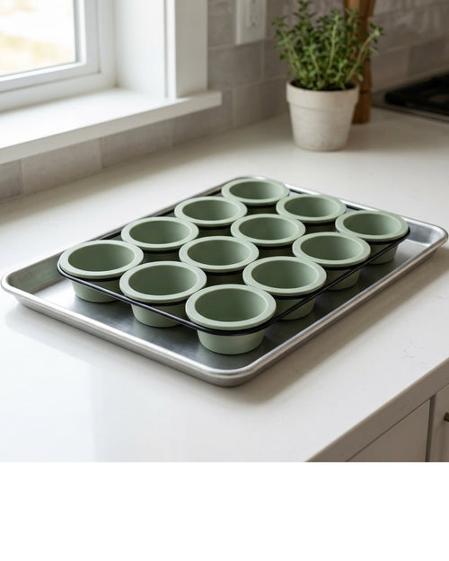 Zjwkn Twelve-Cup Silicone Muffin Mold with Steel Frame Sage - Lifestyle view